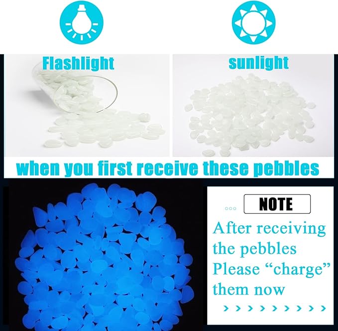 Oubest Glow in The Dark Pebbles/Glow Stones/Glowing Rocks Blue Decor for Garden/Fish Tank/Aquarium/Walkway/Driveway/Plant Pots/Bonsai (100, White)