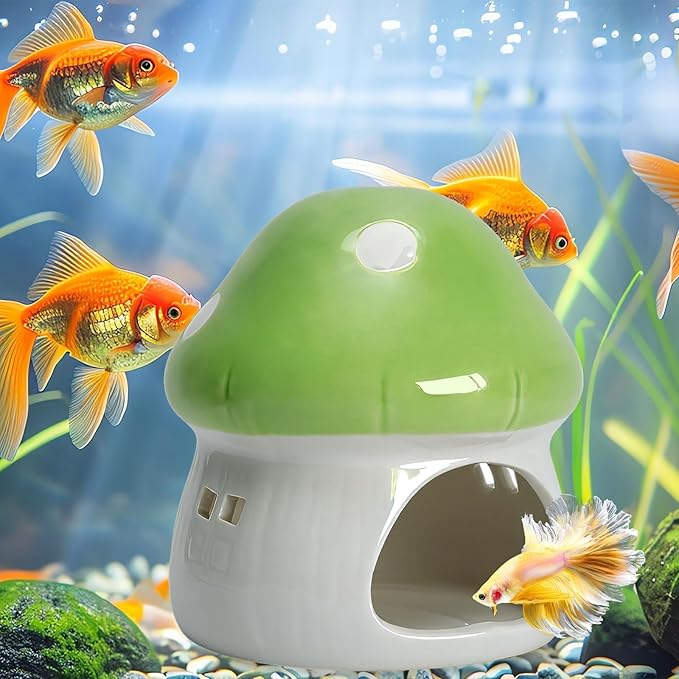 Saim Ceramics Mushroom House Aquarium Decor, Betta Fish Tank Accessories Landscape Decoration, Small Shrimp Goldfishes Habitat Hut Pleco Smalland Breeding Hide Caves Toad House - Green