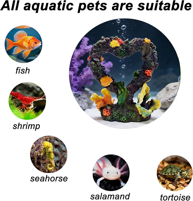 Heart Shaped Aquarium Coral Ornament, Resin Fish Tank Decoration with Realistic Coral & Moss, Safe for Freshwater/Saltwater Aquariums, Aquascaping Hideout for Small Fish and Shrimp