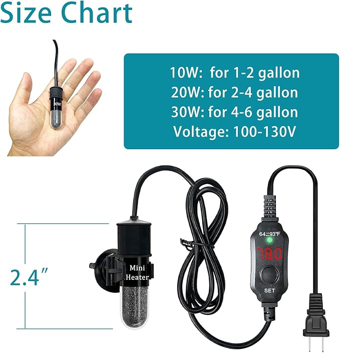 Mini Submersible Aquarium Heater, 10/20/25/50/100/150 Watts Adjustable Fish Tank Heater, Built-in Thermometer, External Temperature Controller, Smart Memory, Used for 1-60 Gallons (10W Plug)