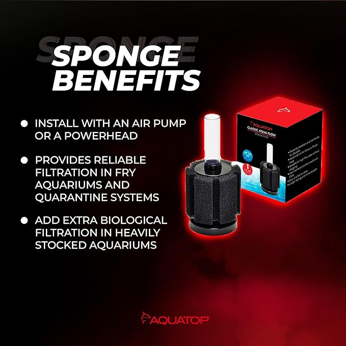 Aquatop Internal Sponge Filter for Aquariums – Suitable for Tanks Up to 25 Gallons, Freshwater and Saltwater Use, Compatible with Air Pumps or Powerheads