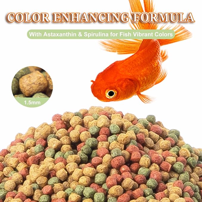 Goldfish Fish Food Floating Pellet - Color Enhancing with Antarctic Krill Spirulina Balanced Diet for Pond Tank Fish Promotes Growth Clear Water, 12oz