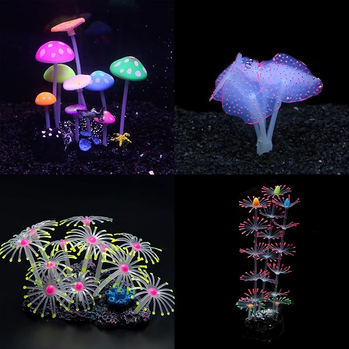 Swaying Coral Decor Set - 4-Pack: String, Starry, Feather & Mushroom Soft Silicone Aquarium Ornaments with Lifelike Motion for Freshwater & Saltwater Fish Tanks, Safe Fish Shrimp Habitat