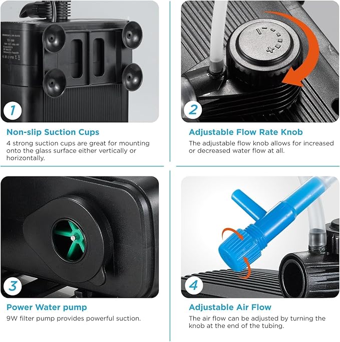 Internal Fish Tank Filter with 5W UV Light, Multi Filter Materials, Adjustable Water Flow Submersible 700L/H Aquarium Filter Pump for 30~50 Gal Freshwater or 20~30 Gal Saltwater, TU-700(185GPH)