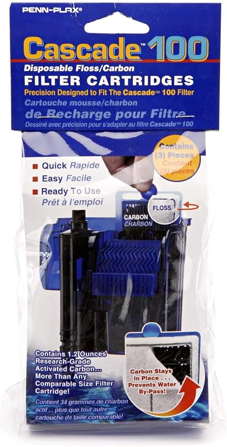 Penn-Plax Cascade 100 Hang-On Filter Replacement Media, 3 Pack - Dual-Sided Aquarium Filter Cartridge with Activated Carbon & Poly-Fiber Floss -Easy to Install -Improves Water Clarity, 5.5x3.25x0.75In