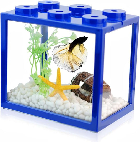 Small Betta Fish Tank, Stackable Mini Fish Tank Tiny Aquarium Tank Kit with Aquarium Gravel & Resin Decorations, 0.6 Gallon Cube Desktop Fishbowl for Snails, Crabs, Starfish (Blue)