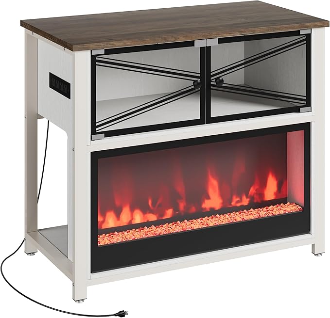 40-50 Gallon Fish Tank Stand with 20-Color LED Flames, No Heat, Metal Frame Structure Aquarium Stand, Glass Doors Storage Cabinet Holds Up to 700 LBS, Fit for Turtle Tank, Reptile Tank (White+Brown)
