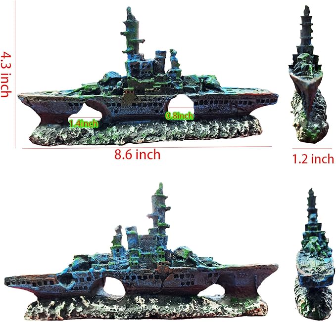 Aquarium Decor Set, Fish Tank Accessories Large Size Resin Sunken Warship Ornament Betta Fish Hideout Cave with 10 Artificial Aquatic Plants, 30-40 Seashells, 1 Floating Diver for Tank Shipwreck Decor