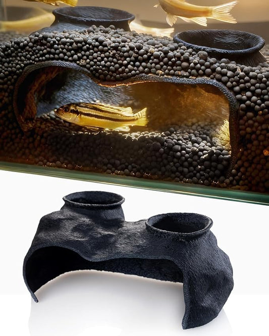 Dual-Entrance Rock-Texture Cave – Fish Tank Shelter & Aquarium Decor with 2 Tunnels, 6×3.4×2.3in (Black)