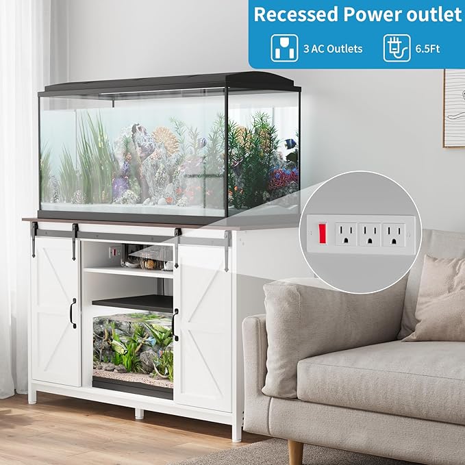 VOWNER Farmhouse 55-75 Gallon Fish Tank Stand with Power Outlet, Aquarium Stand with Storage Cabinet and Sliding Barn Door, Heavy Duty Reptile Tank Stand, for 2 Tanks, 1000LBS Capacity, White + Walnut