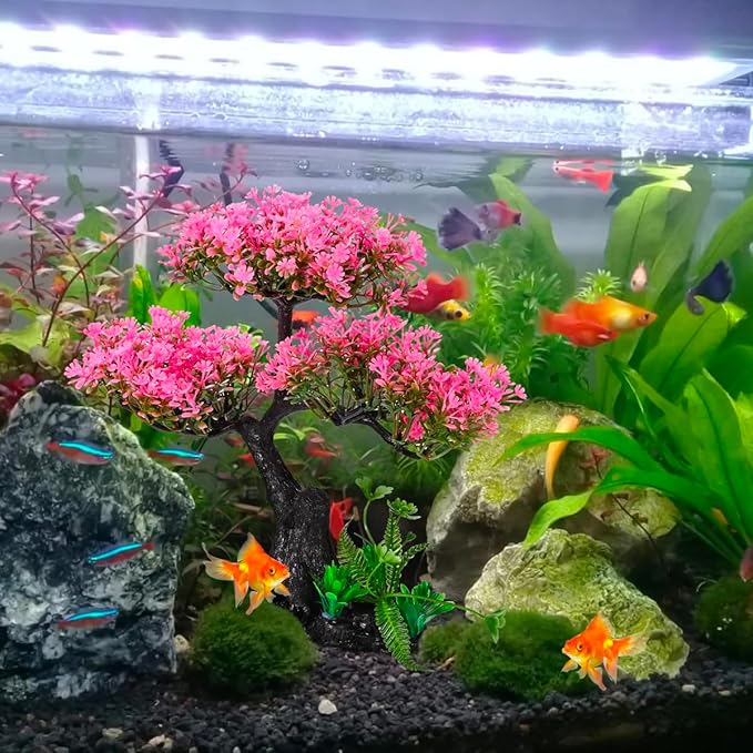 Artificial Aquarium Plants, Fish Tank Decorations, 10 Pcs Cherry Blossom Aquarium Fish Tank Simulation Aquatic Grass Plastic Grass Pine Tree Combination(Pink)