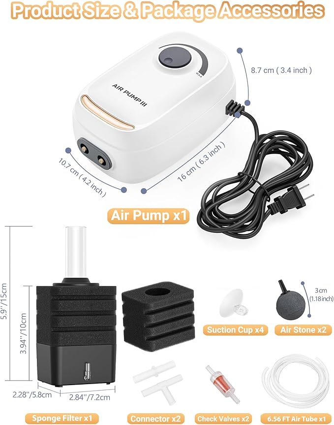 MoonOrange 3W/6W Aquarium Air Pump, Adjustable Aquarium Aerator with 2-Outlet, Super-Powerful & Quiet Oxygen Pump for Fish Tanks up to 100/200 Gallon with Full Accessories.(Upgrade Noise-Reduce)