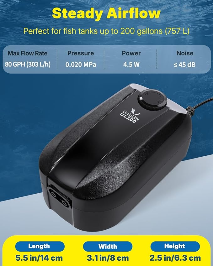 Pawfly Aquarium Air Pump, Fish Tank Air Pump, Quiet Adjustable Oxygen Pump with Mini Sponge Filter, Airline Tubing & Accessories, for 5-200 Gallon Fish Tank