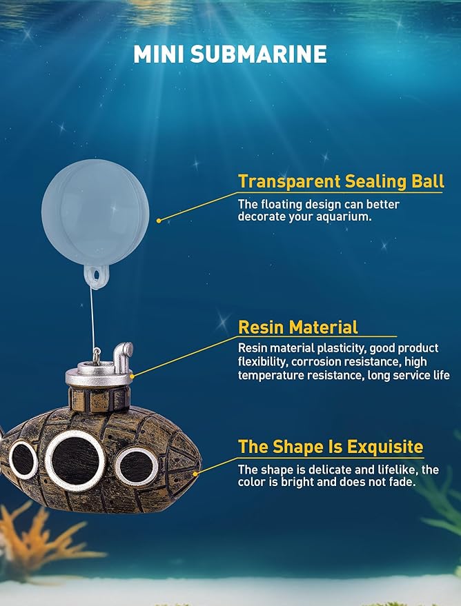 SARDVISA 2.1 in Mini Floating Submarine Fish Tank Decoration, Safe Resin Aquarium Decoration for Betta Toys, Cichlid, Goldfish, Shrimps and Hermit Crabs, Cute Retro Underwater Fish Tank Accessories