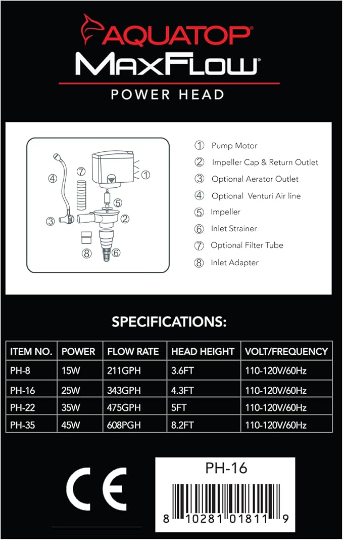 Aquatop MaxFlow 343 GPH Submersible Aquarium Power Head - High-Performance Fish Tank Water Pump, Quiet and Efficient, PH-16