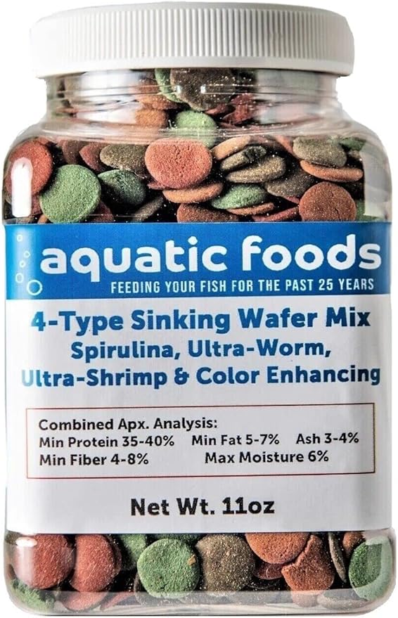 4-Type 12mm - 1/2" Sinking Wafer Mix of Spirulina-Algae, Ultra-Worm, Ultra-Shrimp, Color Enhancing Wafers for Shrimp, Snails, Crabs, Crayfish, All Tropical Fish..11oz Small Jar