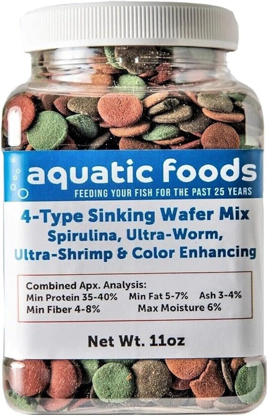 4-Type 12mm - 1/2" Sinking Wafer Mix of Spirulina-Algae, Ultra-Worm, Ultra-Shrimp, Color Enhancing Wafers for Shrimp, Snails, Crabs, Crayfish, All Tropical Fish..11oz Small Jar