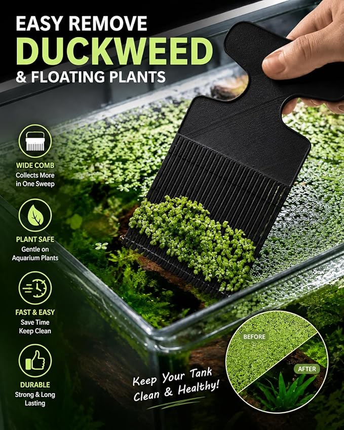 Aquarium Duckweed Removal Tool, 6.5 x 3 inch Floating Plant Comb Spatula, Aquatic Tank Cleaning Tool (Black)