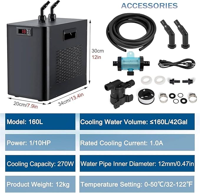 160L/300L/500L/1000L Aquarium Chiller, 1/10HP 1/3HP 1/2HP 1HP Active Aqua Water Chiller, Fish Tank Chiller for Hydroponics Systems, for Fresh and Saltwater Fish Tank,ForFishTank+Bathtub-160L/42Gal