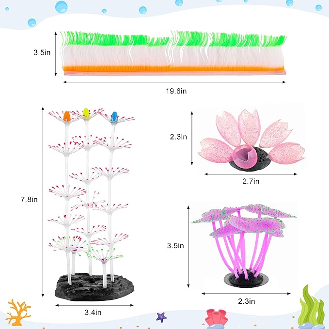 Glowing Aquarium Decorations, 4pcs Glow Sea Anemone Coral Ornaments, Silicone & Resin Material, Aquarium Decor