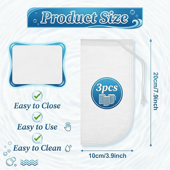 3Pcs Aquarium Filter Media Bag, Fine Mesh Aquarium Media Bag with Drawstring, Reusable Purigen Bags for Aquariums Fish Tank Rock Gravel Charcoal