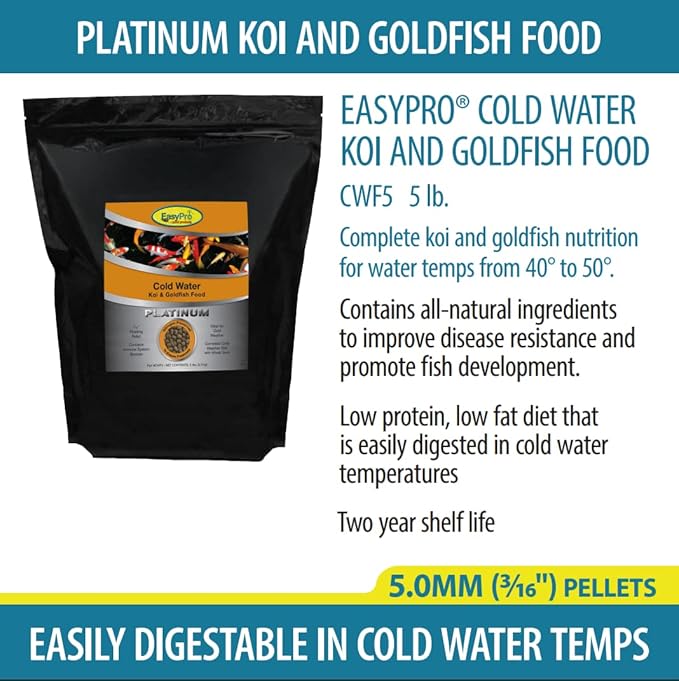 EasyPro CWF5 Cold Water Koi and Goldfish Food | Wheat Germ Spring and Fall Formula | Low Protein and Low Fat | Floating Pellets 5mm | 5 lb