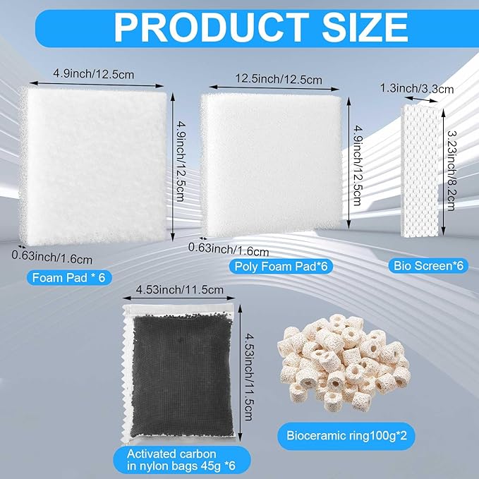 Threlaco 26 Pcs Aquarium Filter Media Kit Compatible with Fluval C3 (50 Gal) Power Filter, 6 White Foam Sponge Pad, 6 Poly Foam Pads, 6 Bio-Screen, 6 Activated Carbon, 2 Pack 3.5 Oz/100g Ceramic Ring