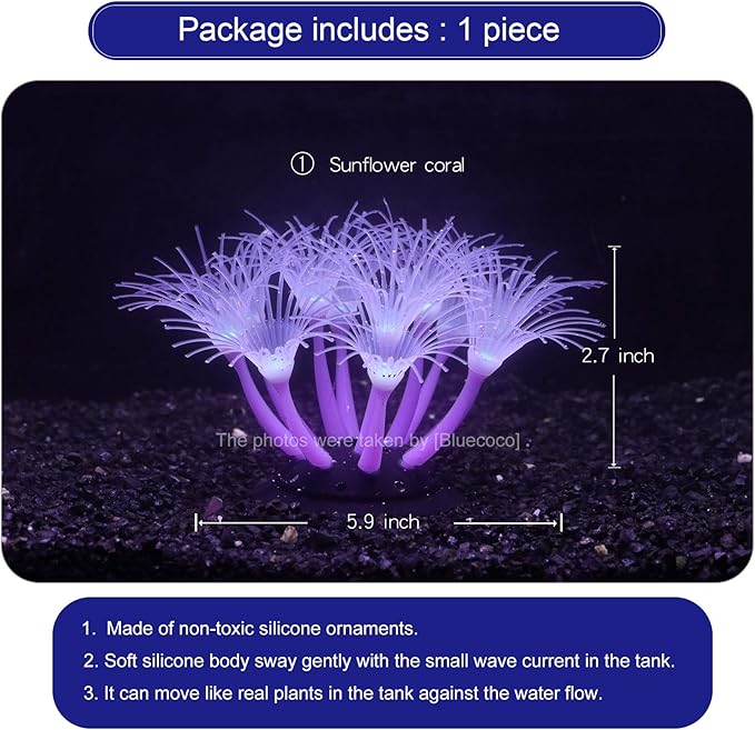 Artificial Flowers Soft Silica Gel Moves Naturally with Water Flow, Aquarium Decorations Glow in The Dark, Glowing Coral Ornaments for Fish Tank Decorations (Purple, Sunflower)