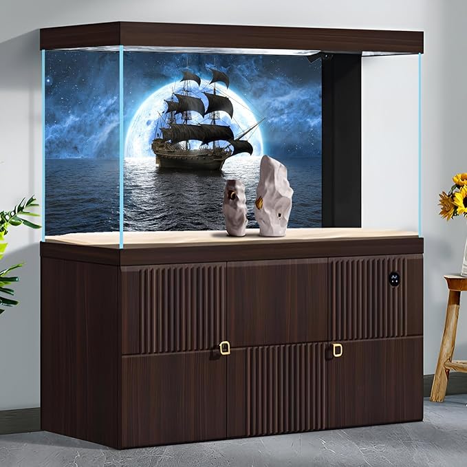 Ocean Sailboat Seascape Aquarium Background Cloudy Blue Night Sky Moon Fish Tank Background Pirate Ship Tranquil Misty Foggy Sea Scenery Terrarium Backgrounds for Tank Backgrounds Decors 48x18in