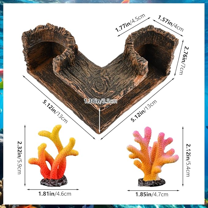 Aquarium Underground Corner Cave with 2 Simulated Resin Coral, Natural-Looking Wood-Like Bet-ta Fish Hideout Fish Tank Decorations, for Avoid Aggressive Behavior