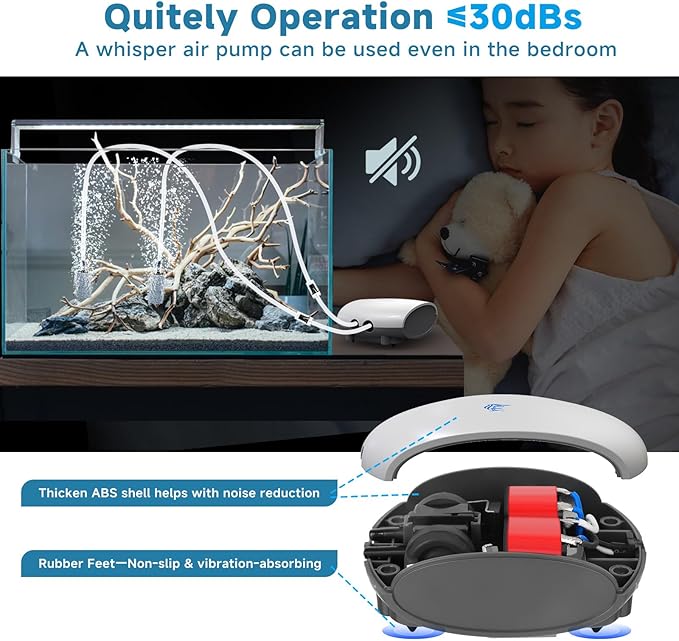 AQQA Air Pump Aquarium Quiet Oxygen Aerator Pump Dual Outlets Fish Tank Bubbler Pump with Air Tubes Air Stones & Check Valve (5W for Up to 160 Gal)