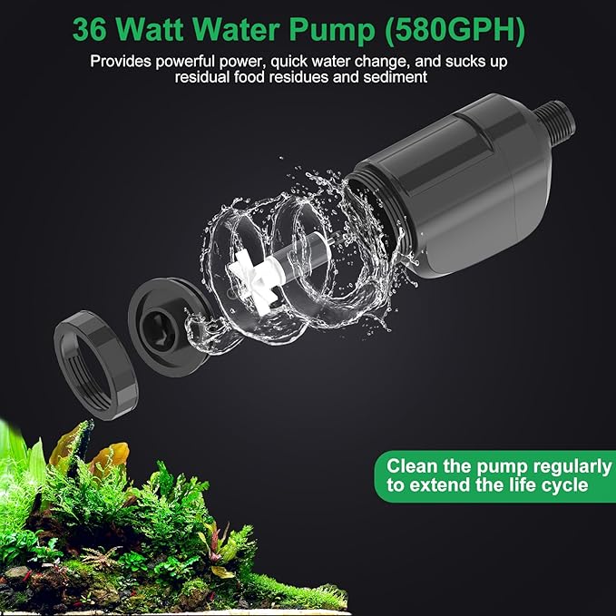 Electric Aquarium Gravel Cleaner with Strong Suction, Adjustable Water Flow, Auto Water Change & Sand Wash & Algae Remover, Low Water Level, 1.5m Hose & Telescopic Tube (36W, 580GPH)