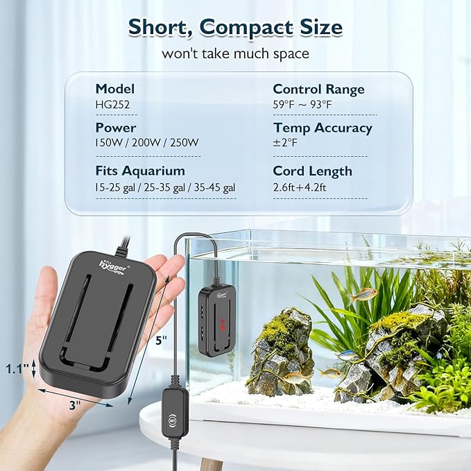 hygger 35-45 Gallon Short Fish Tank Heater, 250W Adjustable Submersible Aquarium Heater with Digital Display Controller, Run Dry & Overheating Protection