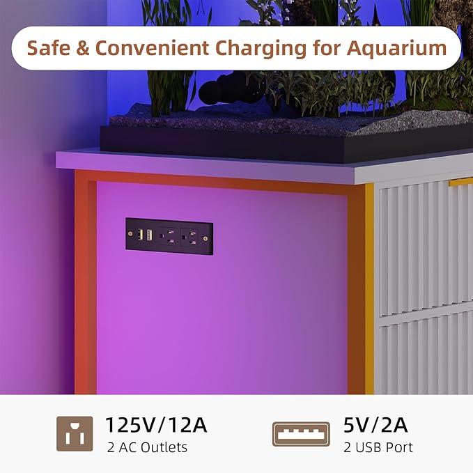 55-75 Gallon Fish Tank Stand with Power Outlets, LED Light, Vertical Lines, Heavy Duty Aquarium Stand with Cabinet for Fish Tank Accessories Storage, Turtle Tank, Reptile Terrarium, 1100LBS, White