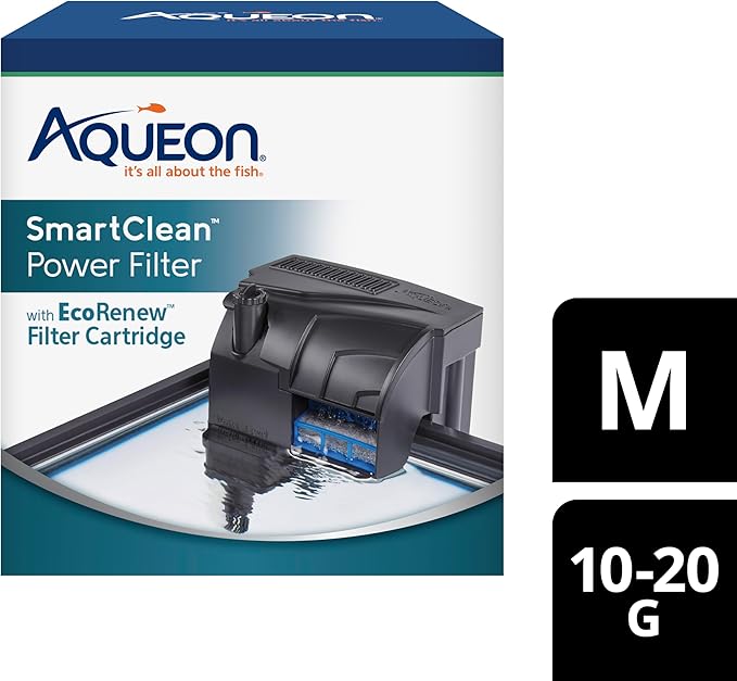 Aqueon SmartClean Power Filter with EcoRenew Filter Cartridge, Quick and Easy Water Changes, Quiet Operation, Adjustable Flow, for 10-20 Gallon Freshwater and Saltwater Aquariums, Medium