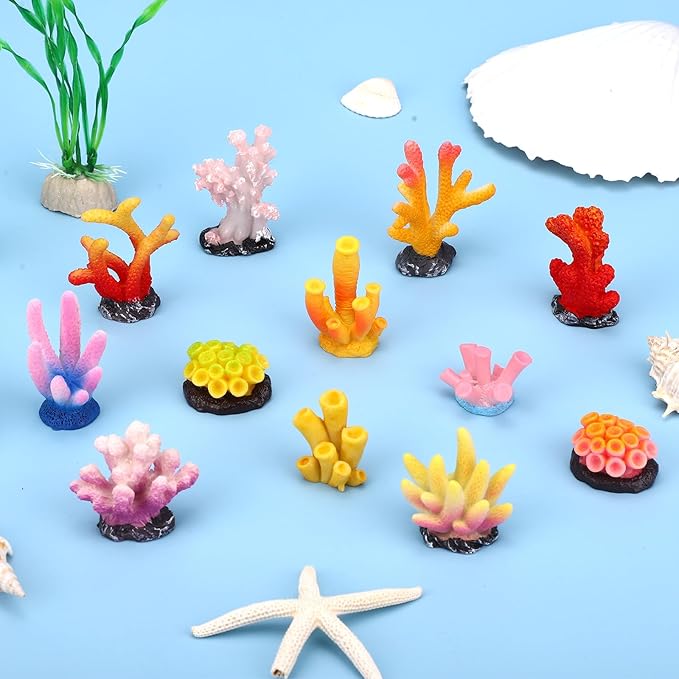 24pcs Mini Fake Resin Coral Reef, Miniature Resin Coral Figurines 12 Styles Colored Small Artificial Plants for Fish Tank Garden Flower Pot Bonsai Tiny Micro Landscape Decors Faux Coastal Beach Ocean