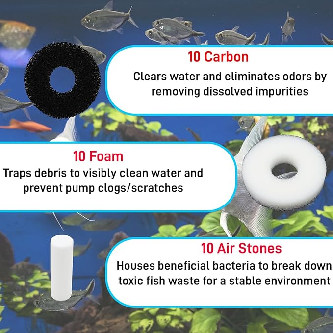 Filter Replacement Kit Compatible with BiOrb Aquariums: Foam and Carbon Rings Filter with Air Stone - 10 Carbon, 10 Foam, 10 Air Stones (30 Pack)