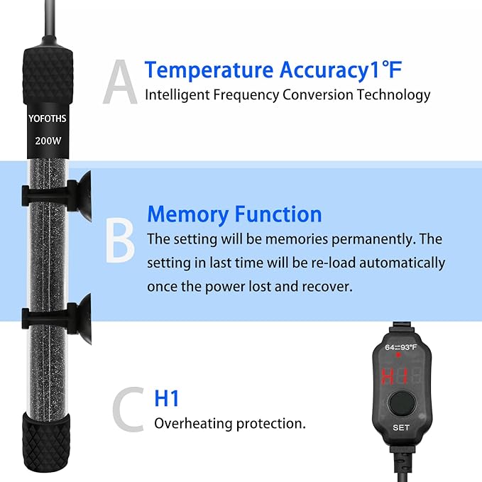 YOFOTHS Adjustable Mini Aquarium Heater 20-40 Gallons Submersible Small Fish Tank Heater 200W Digital Display Thermostat External Temperature Controller (200W)