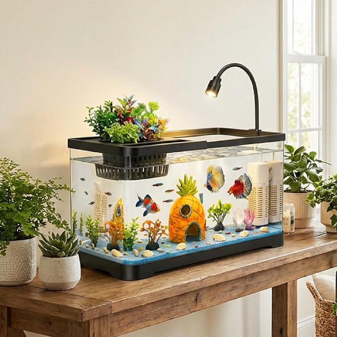 4 Gallon Fish Tank Aquarium Starter Kit with Filter and Light, All in One Small Fish Tank for Betta, Kids & Desktop Use, Self Cleaning Nano Aquarium with Lid(Medium Black)