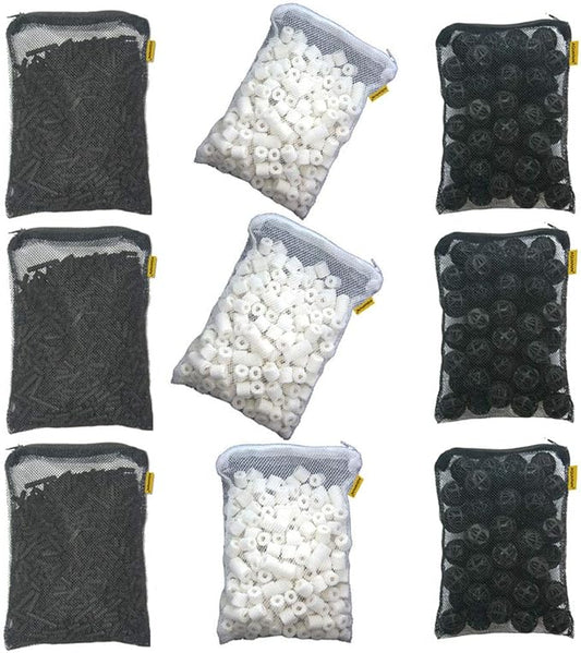 Aquacity Filter Media Replacement Kit - Activated Charcoal Pellet Carbon, Bio Ceramic Rings, Bio Balls for Aquarium Fish Pond Tank (3 Sets)