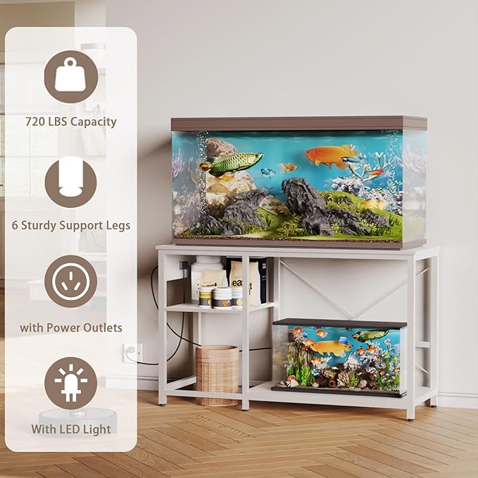BEURUKU 55-75 Gallon Fish Tank Stand with Power Outlet & LED Light, Metal Aquarium Stand with 3 Tier Adjustable Storage Shelves, Tank Stand for Reptile Tank, Turtle Tank, 52" L*19.5" W, White