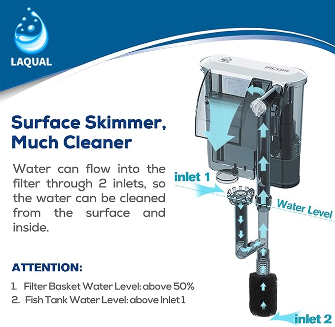LAQUAL Aquarium Filter with Surface Skimmer, 10 Gallon Small Fish Tank Filter, 3-Layer Filtration, Adjustable Water Flow, Waterfall Design for Increasing Oxygen, Quiet & Efficient Hang on Back Filter