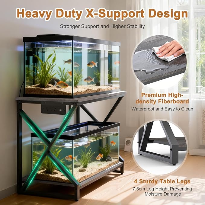 fishkeeper Heavy Duty Metal 50 Gallon Aquarium Stand with Charging Station, 2-Tier Storage Shelves with USB Ports and Outlets, 720LBS High Load Capacity Fish Tank Stand for Reptile/Turtle/Breeder Tank Stand