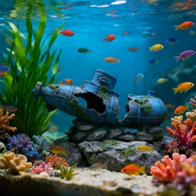Fish Tank Decoration - Submarine Wreck Aquarium Decoration Fish and Shrimp Aquatic Pets can Rest and Hide in Caves