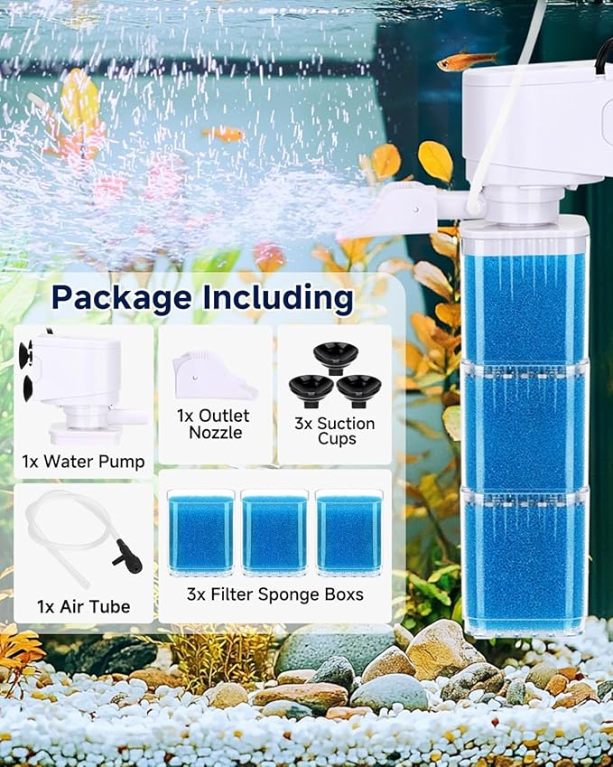 4-IN-1 Aquarium Power Filter - Mutil Stage Filtration, Adjustable Oxygenation/Wavemaker, Whisper-Quiet Submersible Fish Tank Filter & Water Circulation System for 20-100 Gal Fresh/Salt Tank