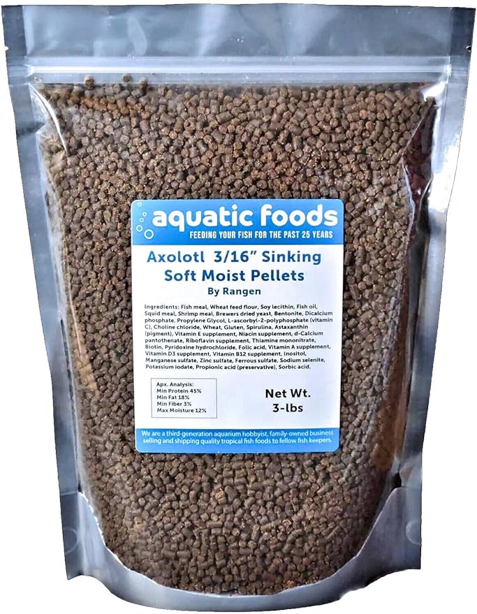 Axolotl Food, 3/16" Soft Moist Sinking Pellets, Rangen's Salmon Sinking Pellets for Medium Size Axolotl. Also Shrimp, Snails, Crabs, Crayfish, Plecos, Catfish, All Tropical Fish...3-lb Bag