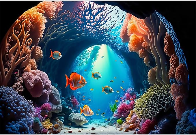 Renaiss 10x6.5ft Aquarium Backdrop Fabric Blue Underwater World Coral Reef Tropical Fish Photo Background Kids Adults Game Events Ocean Theme Birthday Party Decorations Portrait Photo Booth Prop