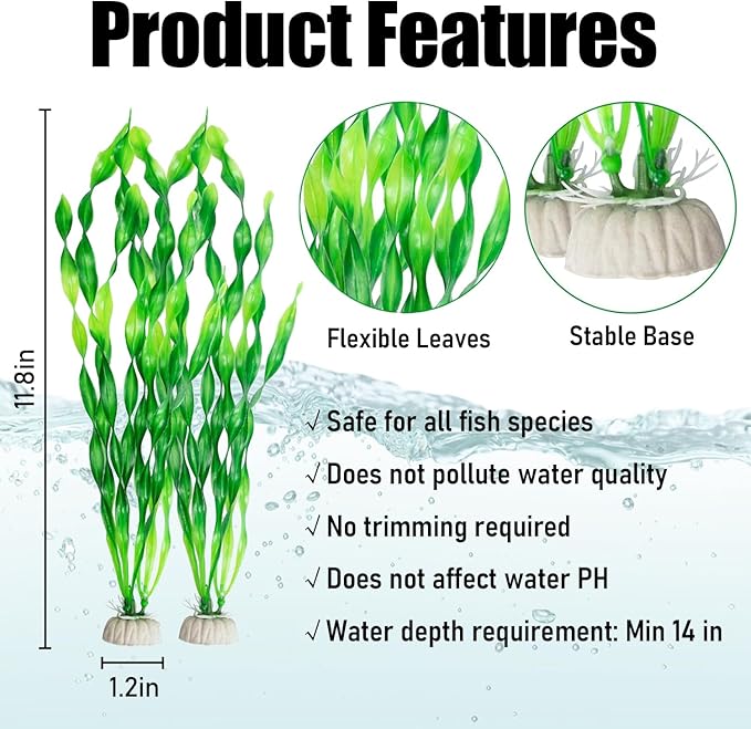 Artificial Aquarium Plants, Green Plastic Fish Tank Decorations, 12 Inch Tall Water Plants with Stable Base, 10 Pack, Safe for Fish (Green)