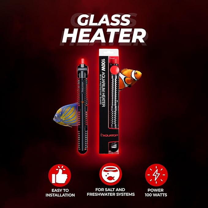 Aquatop 100W Premier Glass Heater with Guard – Submersible for Fish Tanks Up to 25 Gallons – 68-93°F Adjustable Temp – Fresh & Saltwater Use
