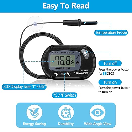 DaToo Aquarium Thermometer with Large LCD Display Fahrenheit/Celsius(℉/℃) Fish Tank Thermometer for Aquarium Reptile Terrarium Digital Water Thermometer with Suction Cup